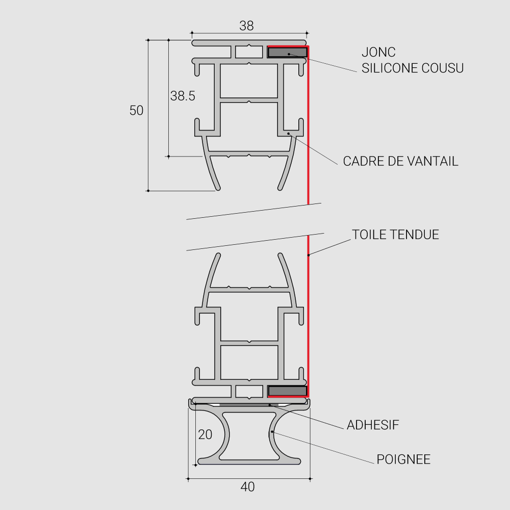 Schéma en coupe d'un vantail de porte coulissante pour placard